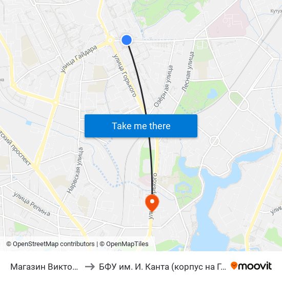 Магазин Виктория (В Центр) to БФУ им. И. Канта (корпус на Горького, бывш. БИЭФ) map