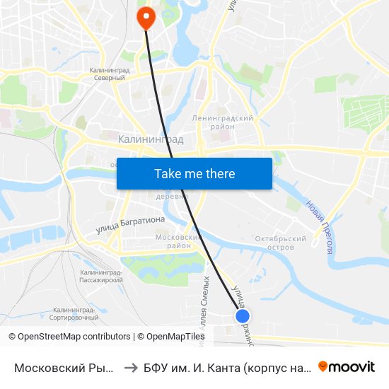 Московский Рынок (Из Центра) to БФУ им. И. Канта (корпус на Горького, бывш. БИЭФ) map