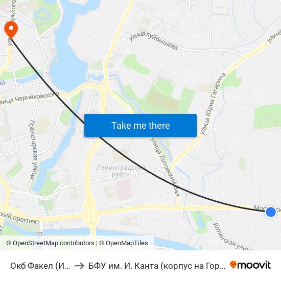 Окб Факел (Из Центра) to БФУ им. И. Канта (корпус на Горького, бывш. БИЭФ) map