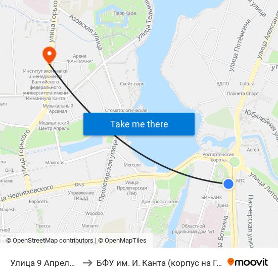 Улица 9 Апреля (Из Центра) to БФУ им. И. Канта (корпус на Горького, бывш. БИЭФ) map
