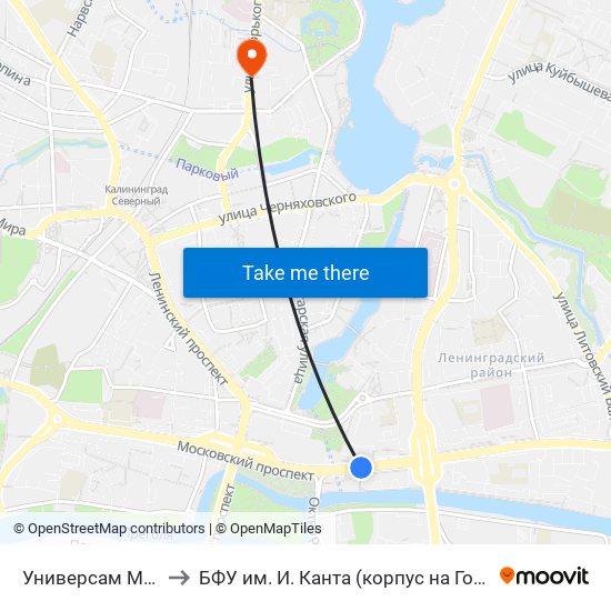 Универсам Московский to БФУ им. И. Канта (корпус на Горького, бывш. БИЭФ) map