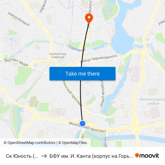 Ск Юность (В Центр) to БФУ им. И. Канта (корпус на Горького, бывш. БИЭФ) map