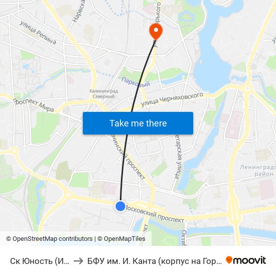 Ск Юность (Из Центра) to БФУ им. И. Канта (корпус на Горького, бывш. БИЭФ) map