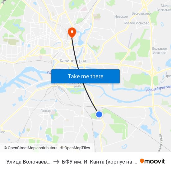 Улица Волочаевская (В Центр) to БФУ им. И. Канта (корпус на Горького, бывш. БИЭФ) map