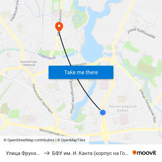 Улица Фрунзе (В Центр) to БФУ им. И. Канта (корпус на Горького, бывш. БИЭФ) map