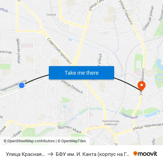 Улица Красная (Из Центра) to БФУ им. И. Канта (корпус на Горького, бывш. БИЭФ) map