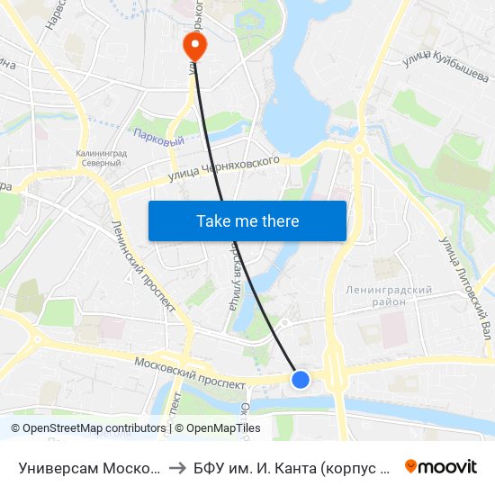 Универсам Московский (Из Центра) to БФУ им. И. Канта (корпус на Горького, бывш. БИЭФ) map