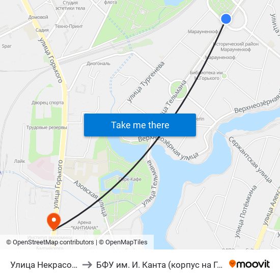 Улица Некрасова (В Центр) to БФУ им. И. Канта (корпус на Горького, бывш. БИЭФ) map