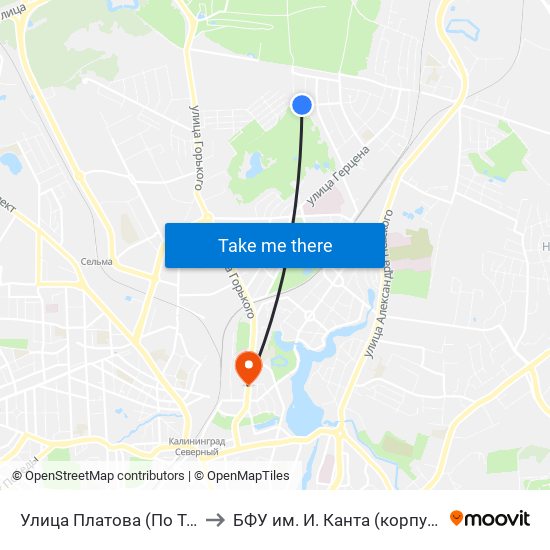 Улица Платова (По Требованию, Из Центра) to БФУ им. И. Канта (корпус на Горького, бывш. БИЭФ) map