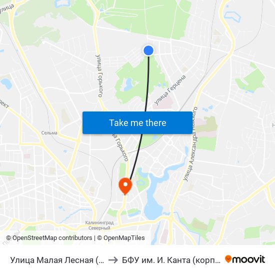 Улица Малая Лесная (По Требованию, Из Центра) to БФУ им. И. Канта (корпус на Горького, бывш. БИЭФ) map