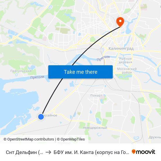 Снт Дельфин (Из Центра) to БФУ им. И. Канта (корпус на Горького, бывш. БИЭФ) map