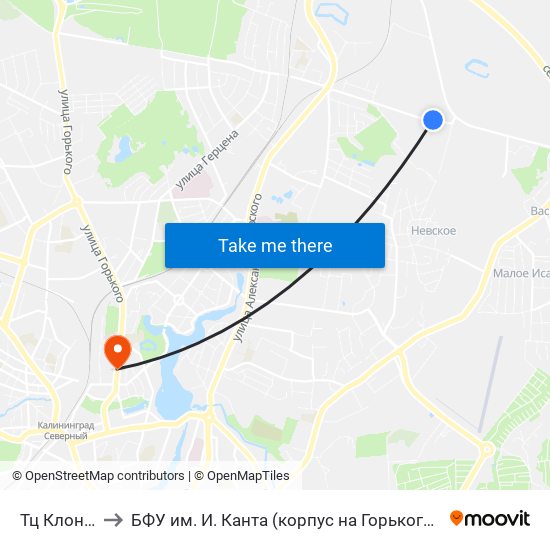 Тц Клондайк to БФУ им. И. Канта (корпус на Горького, бывш. БИЭФ) map