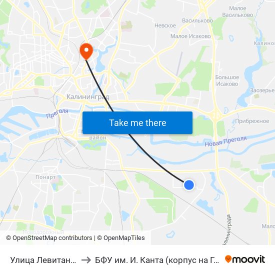 Улица Левитана (Конечная) to БФУ им. И. Канта (корпус на Горького, бывш. БИЭФ) map