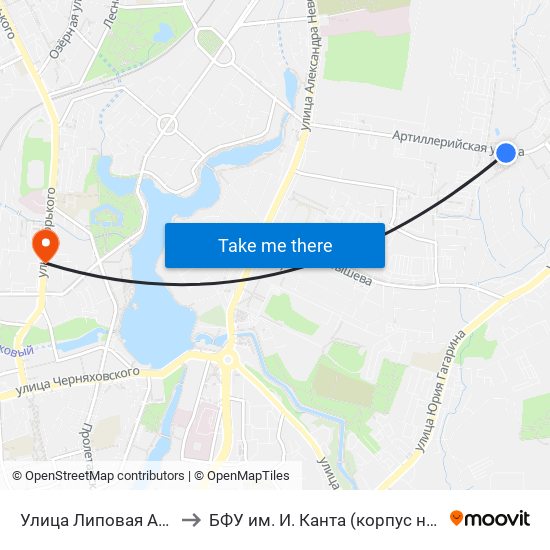 Улица Липовая Аллея (Из Центра) to БФУ им. И. Канта (корпус на Горького, бывш. БИЭФ) map