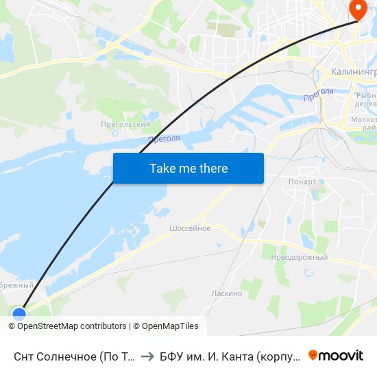 Снт Солнечное (По Требованию, Из Центра) to БФУ им. И. Канта (корпус на Горького, бывш. БИЭФ) map