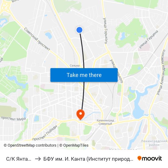 С/К Янтарный (Конечная) to БФУ им. И. Канта (Институт природопользования, терр. развития и градостроительства) map