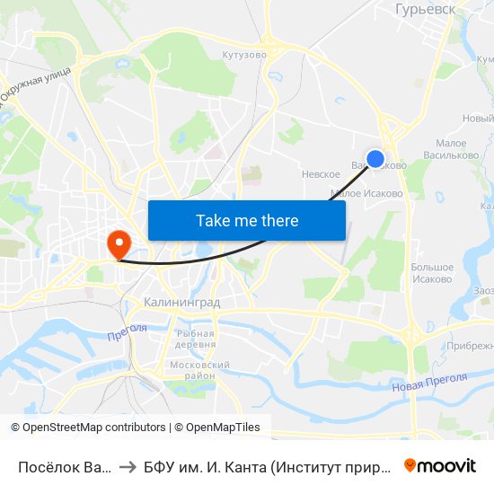 Посёлок Васильково-2 (В Центр) to БФУ им. И. Канта (Институт природопользования, терр. развития и градостроительства) map