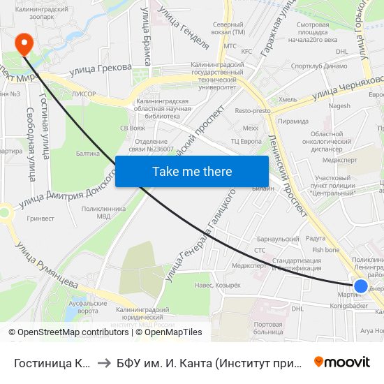 Гостиница Калининград (Из Центра) to БФУ им. И. Канта (Институт природопользования, терр. развития и градостроительства) map