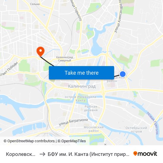 Королевские Ворота (Из Центра) to БФУ им. И. Канта (Институт природопользования, терр. развития и градостроительства) map