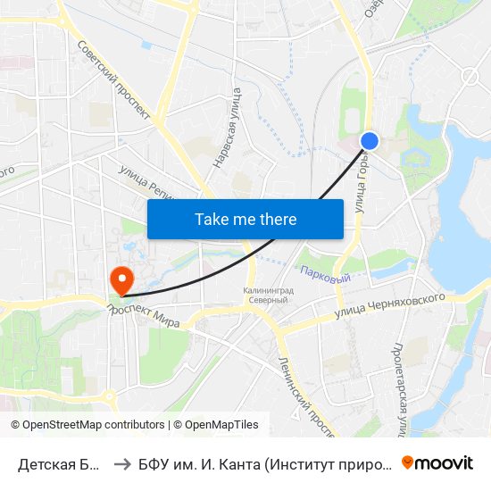Детская Больница (Из Центра) to БФУ им. И. Канта (Институт природопользования, терр. развития и градостроительства) map