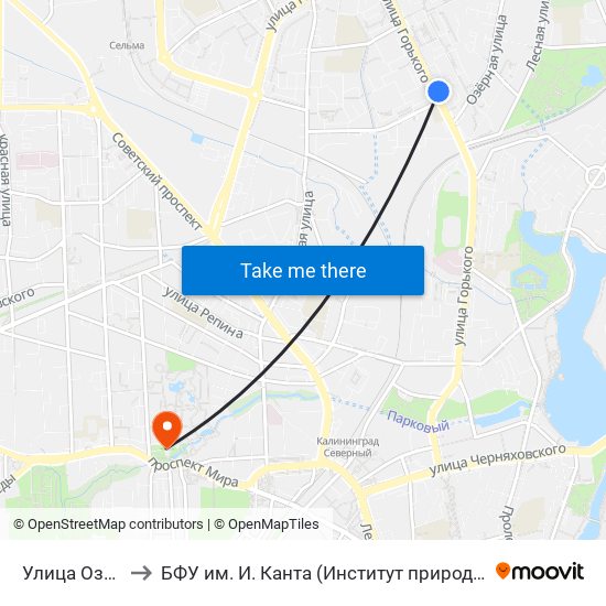 Улица Озёрная (Из Центра) to БФУ им. И. Канта (Институт природопользования, терр. развития и градостроительства) map