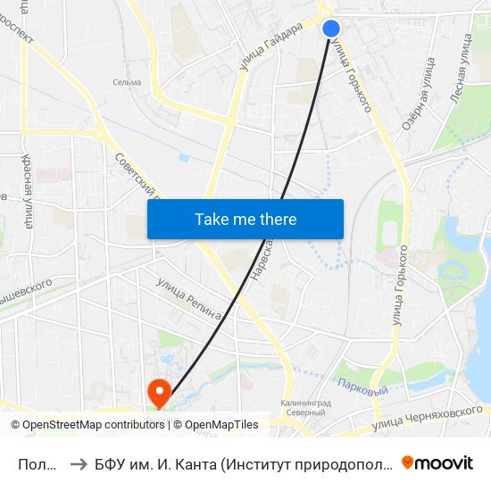 Поликлиника to БФУ им. И. Канта (Институт природопользования, терр. развития и градостроительства) map