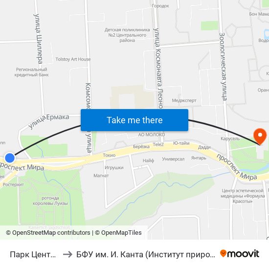 Парк Центральный (Из Центра) to БФУ им. И. Канта (Институт природопользования, терр. развития и градостроительства) map