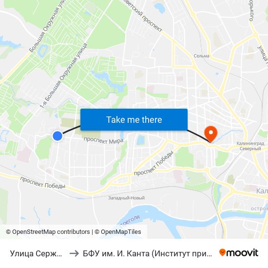 Улица Сержанта Мишина (Из Центра) to БФУ им. И. Канта (Институт природопользования, терр. развития и градостроительства) map