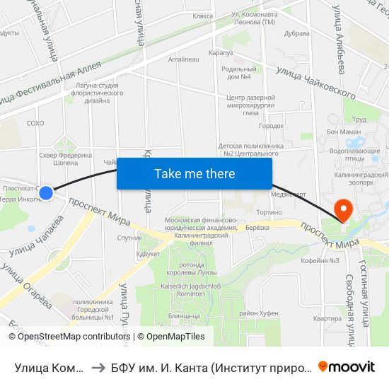 Улица Коммунальная (В Центр) to БФУ им. И. Канта (Институт природопользования, терр. развития и градостроительства) map