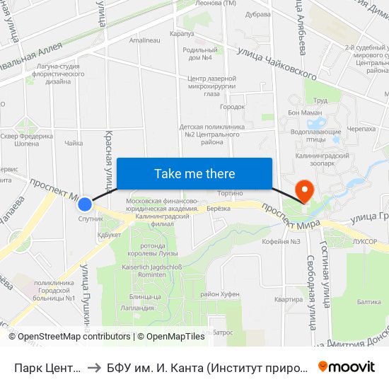 Парк Центральный (В Центр) to БФУ им. И. Канта (Институт природопользования, терр. развития и градостроительства) map