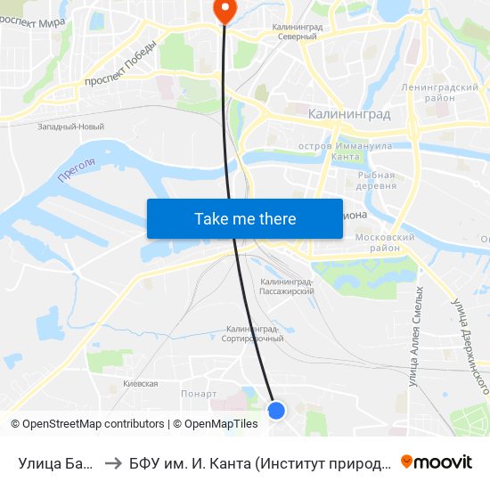Улица Батальная (В Центр) to БФУ им. И. Канта (Институт природопользования, терр. развития и градостроительства) map