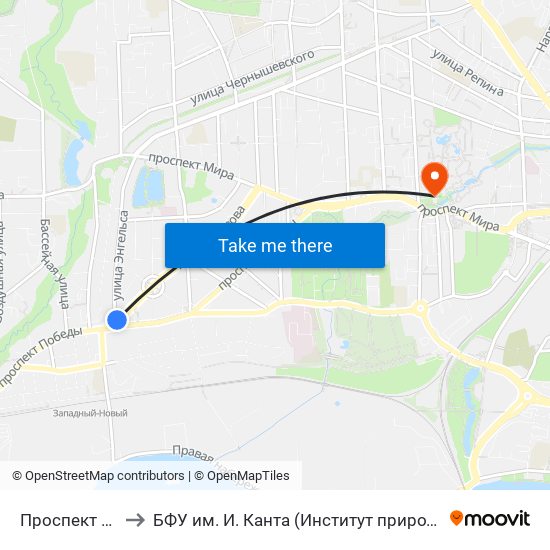 Проспект Победы (Из Центра) to БФУ им. И. Канта (Институт природопользования, терр. развития и градостроительства) map