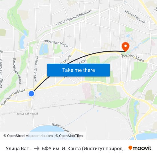 Улица Вагоностроительная to БФУ им. И. Канта (Институт природопользования, терр. развития и градостроительства) map