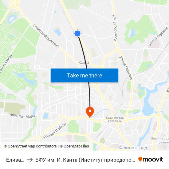 Елизаветинская to БФУ им. И. Канта (Институт природопользования, терр. развития и градостроительства) map