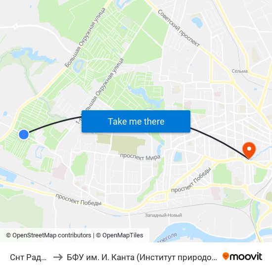 Снт Радуга (Из Центра) to БФУ им. И. Канта (Институт природопользования, терр. развития и градостроительства) map