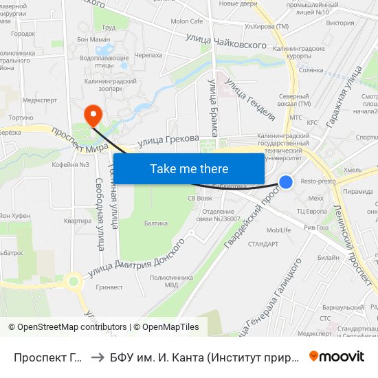 Проспект Гвардейский (В Центр) to БФУ им. И. Канта (Институт природопользования, терр. развития и градостроительства) map