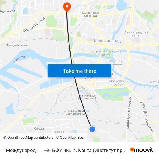 Международный Университет (Из Центра) to БФУ им. И. Канта (Институт природопользования, терр. развития и градостроительства) map