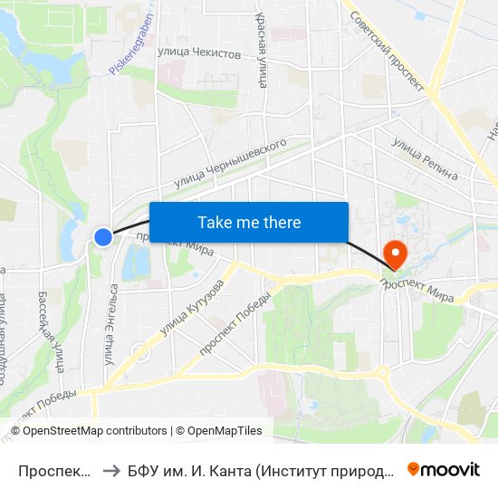 Проспект Мира (В Центр) to БФУ им. И. Канта (Институт природопользования, терр. развития и градостроительства) map