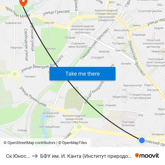 Ск Юность (Из Центра) to БФУ им. И. Канта (Институт природопользования, терр. развития и градостроительства) map