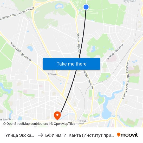 Улица Экскаваторная (По Требованию) to БФУ им. И. Канта (Институт природопользования, терр. развития и градостроительства) map