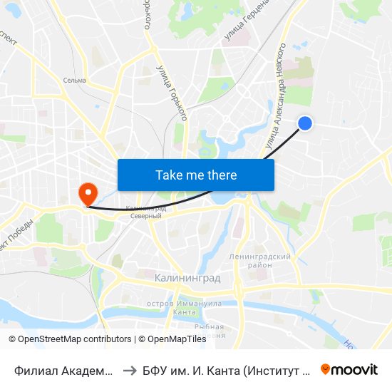 Филиал Академии Народного Хозяйства (Из Центра) to БФУ им. И. Канта (Институт природопользования, терр. развития и градостроительства) map