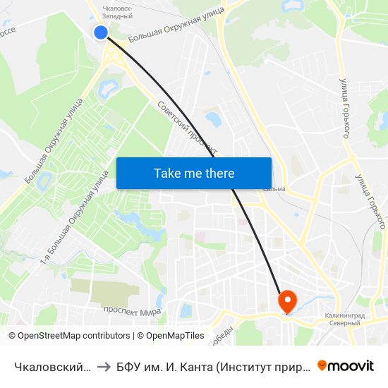 Чкаловский Поворот (Троллейбус) to БФУ им. И. Канта (Институт природопользования, терр. развития и градостроительства) map