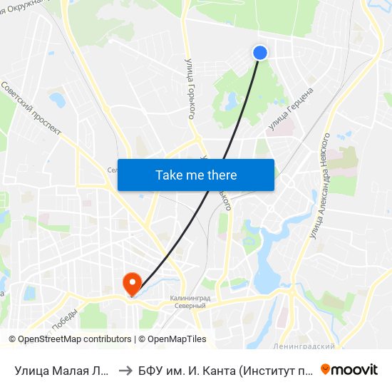 Улица Малая Лесная (По Требованию, Из Центра) to БФУ им. И. Канта (Институт природопользования, терр. развития и градостроительства) map