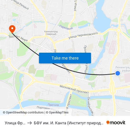Улица Фрунзе (Из Центра) to БФУ им. И. Канта (Институт природопользования, терр. развития и градостроительства) map