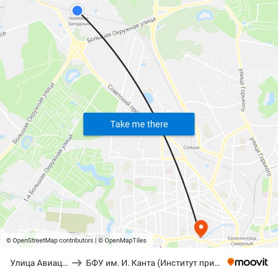 Улица Авиационная (По Требованию) to БФУ им. И. Канта (Институт природопользования, терр. развития и градостроительства) map