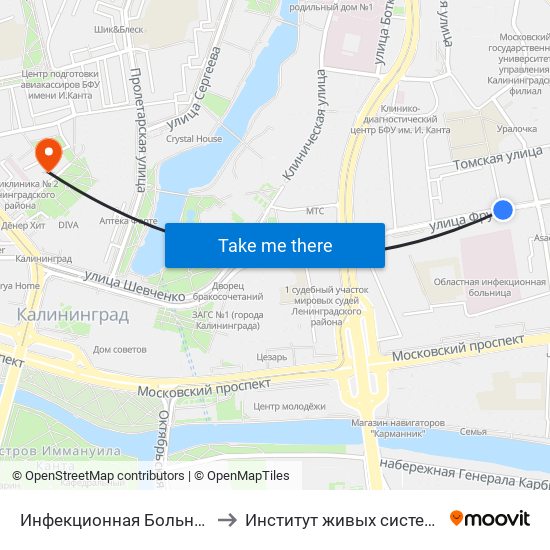 Инфекционная Больница (Из Центра) to Институт живых систем БФУ им. Канта map