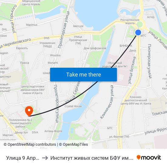 Улица 9 Апреля to Институт живых систем БФУ им. Канта map