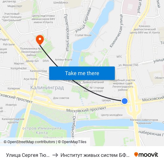 Улица Сергея Тюленина to Институт живых систем БФУ им. Канта map