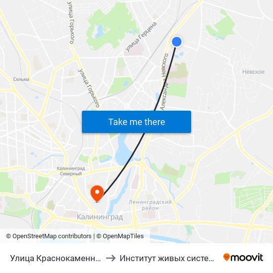 Улица Краснокаменная (Из Центра) to Институт живых систем БФУ им. Канта map