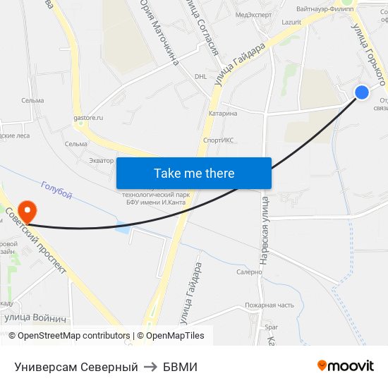 Универсам Северный to БВМИ map